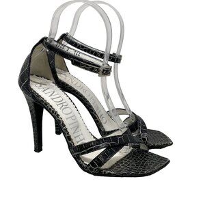 Sandro Pinho Croc Embossed Leather Heels Open Toe Ankle Strap Black Size 5.5